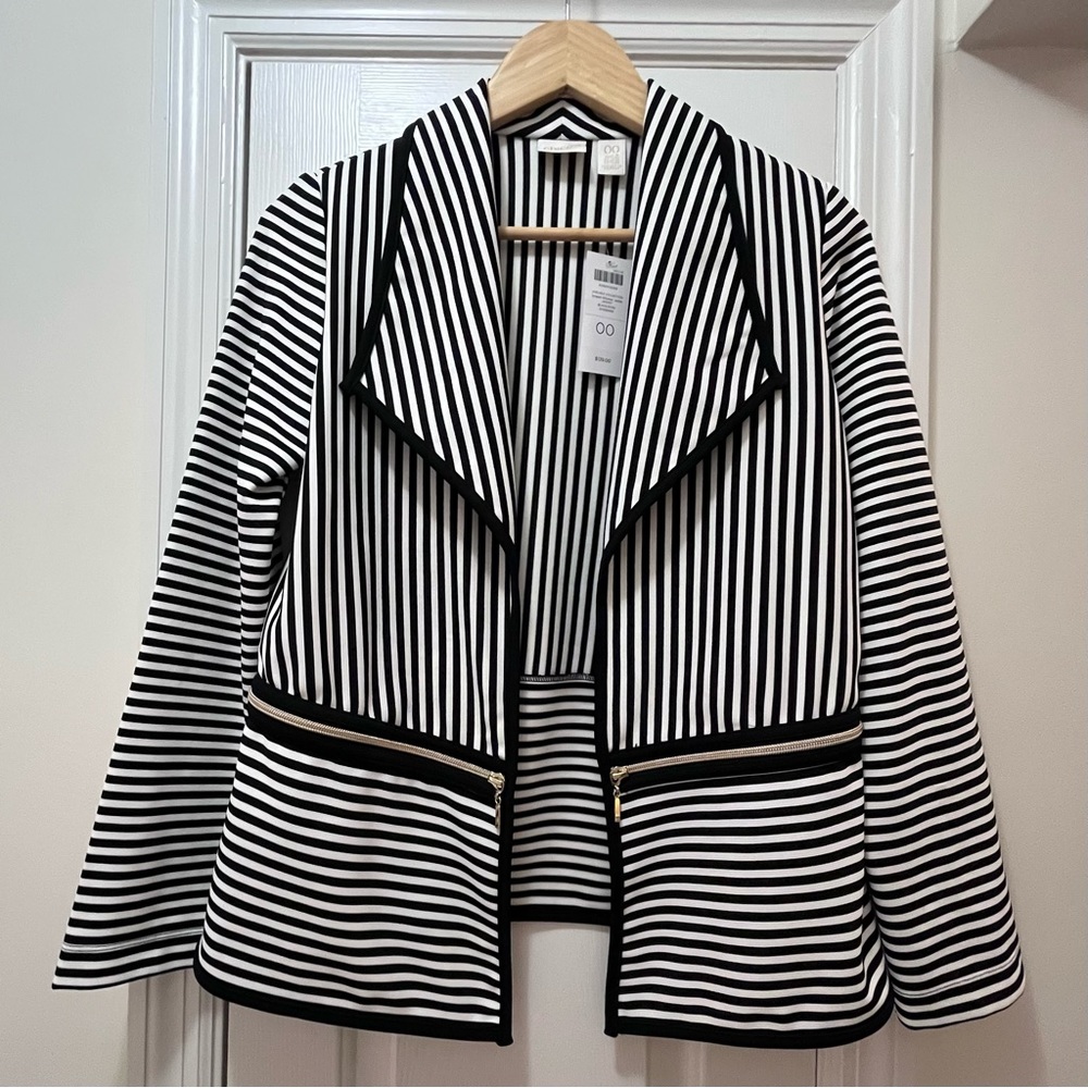 NWT Women’s Chico’s Black & White Stripe Open Jacket, US Size XS / 2